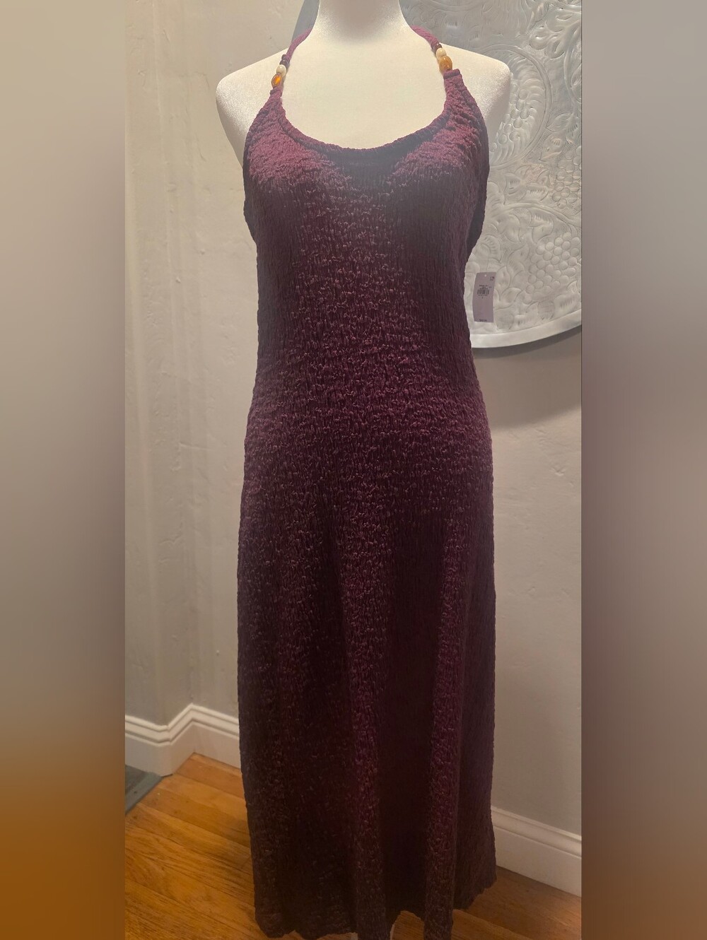 Fun Sleeveless Textured Midi Halter Dress in Plum